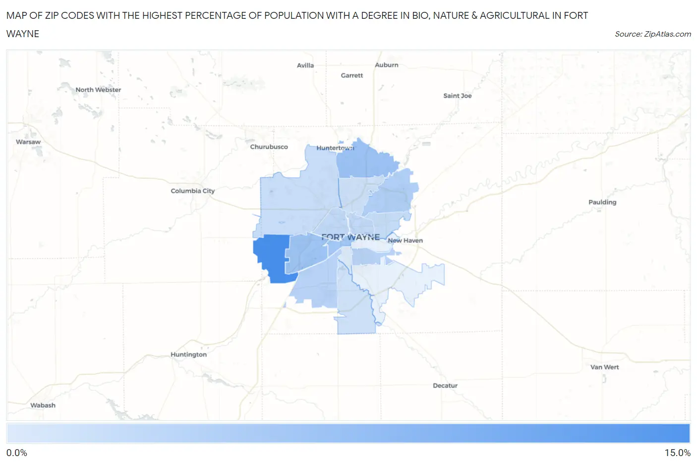 Zip Codes with the Highest Percentage of Population with a Degree in Bio, Nature & Agricultural in Fort Wayne Map
