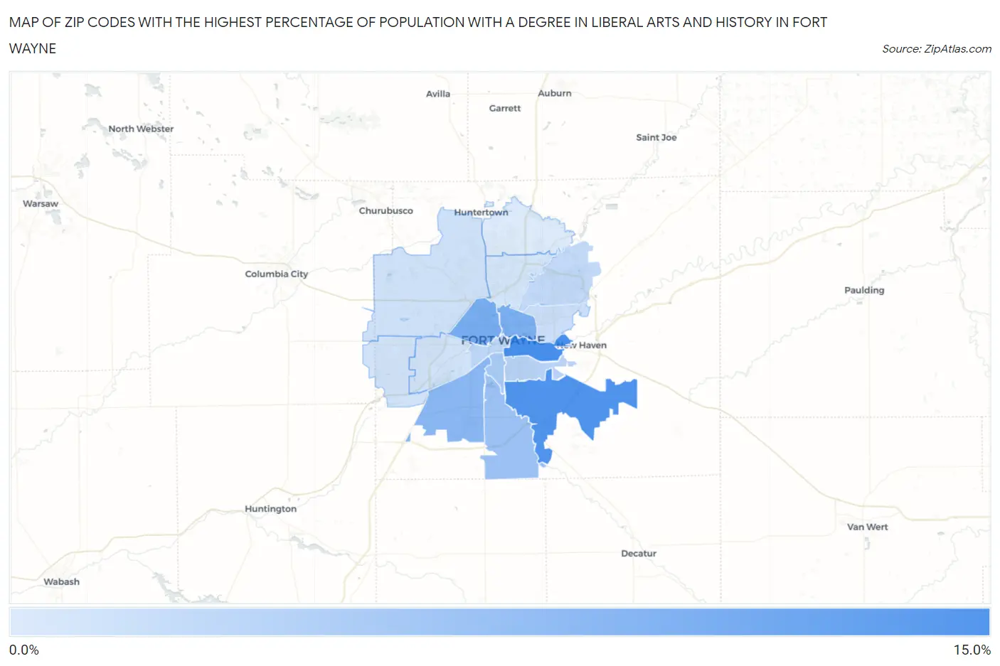 Zip Codes with the Highest Percentage of Population with a Degree in Liberal Arts and History in Fort Wayne Map