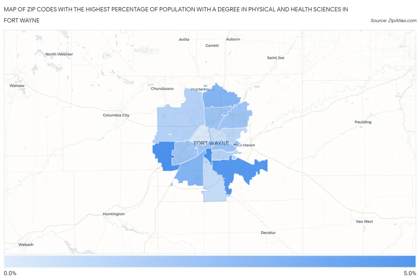 Zip Codes with the Highest Percentage of Population with a Degree in Physical and Health Sciences in Fort Wayne Map