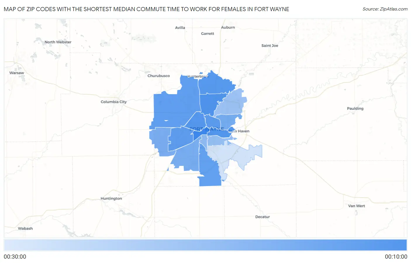 Zip Codes with the Shortest Median Commute Time to Work for Females in Fort Wayne Map