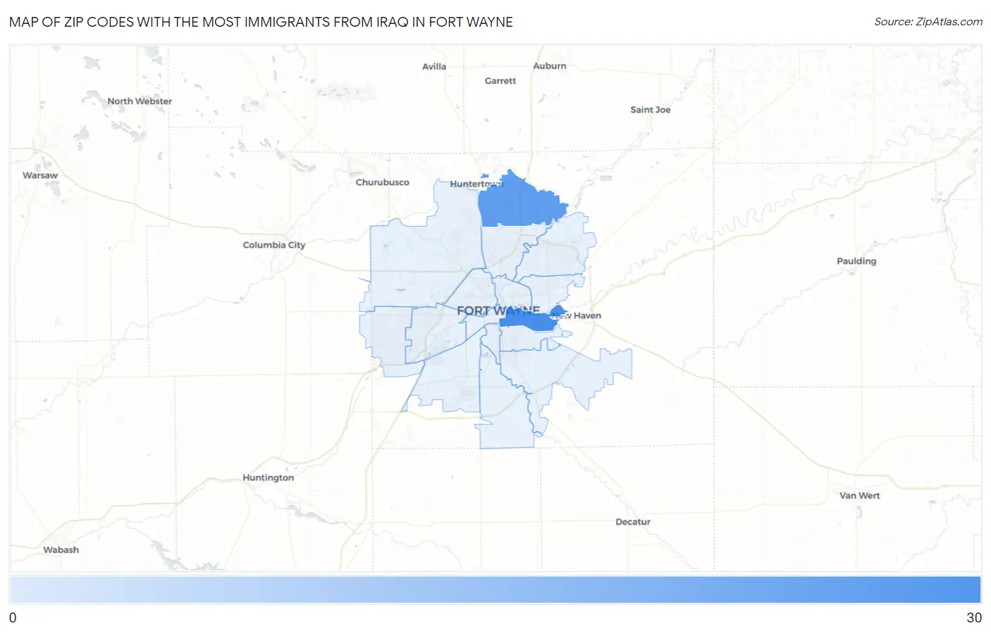 Zip Codes with the Most Immigrants from Iraq in Fort Wayne Map