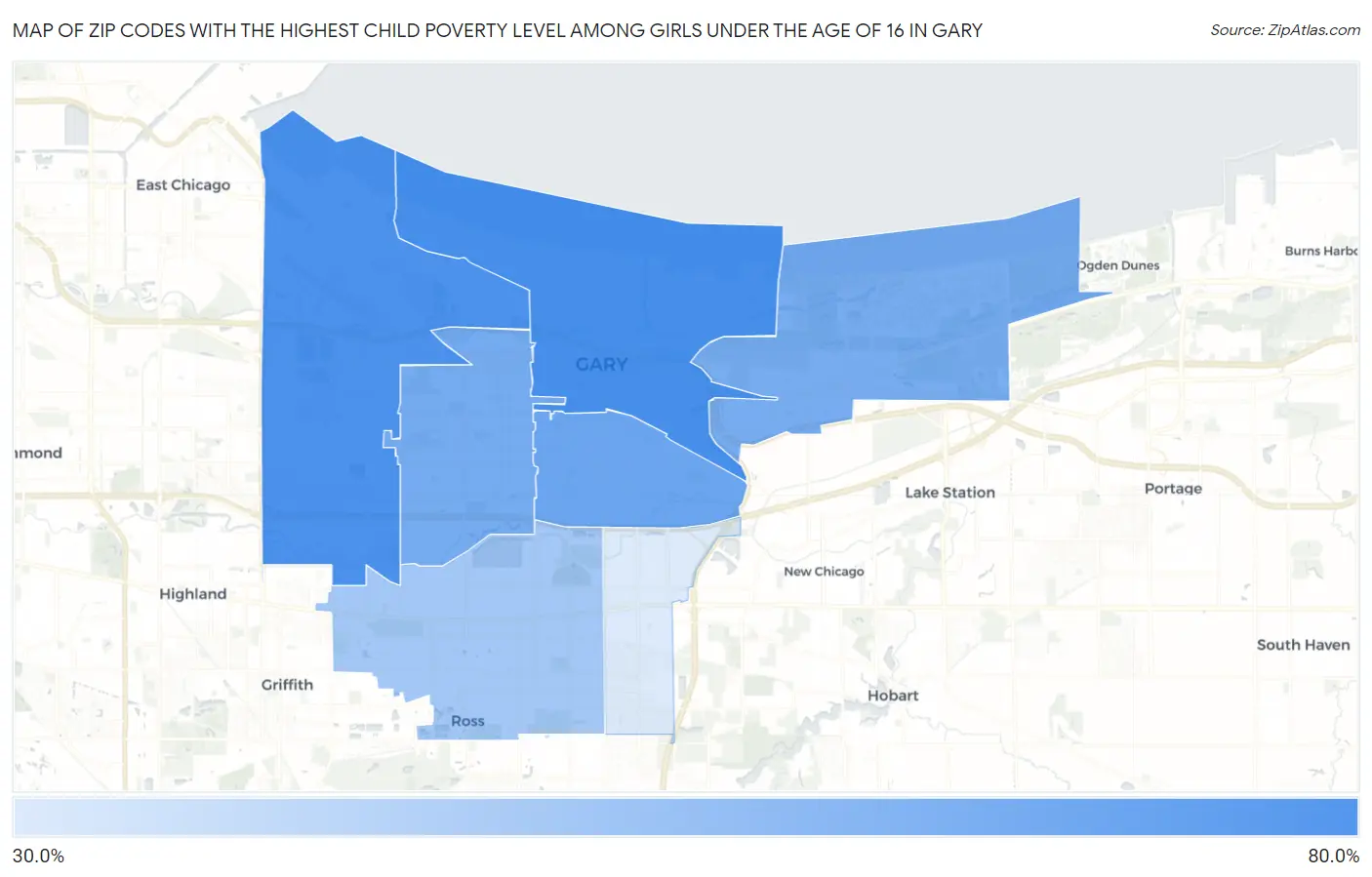 Zip Codes with the Highest Child Poverty Level Among Girls Under the Age of 16 in Gary Map