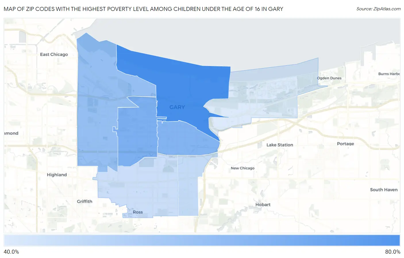 Zip Codes with the Highest Poverty Level Among Children Under the Age of 16 in Gary Map