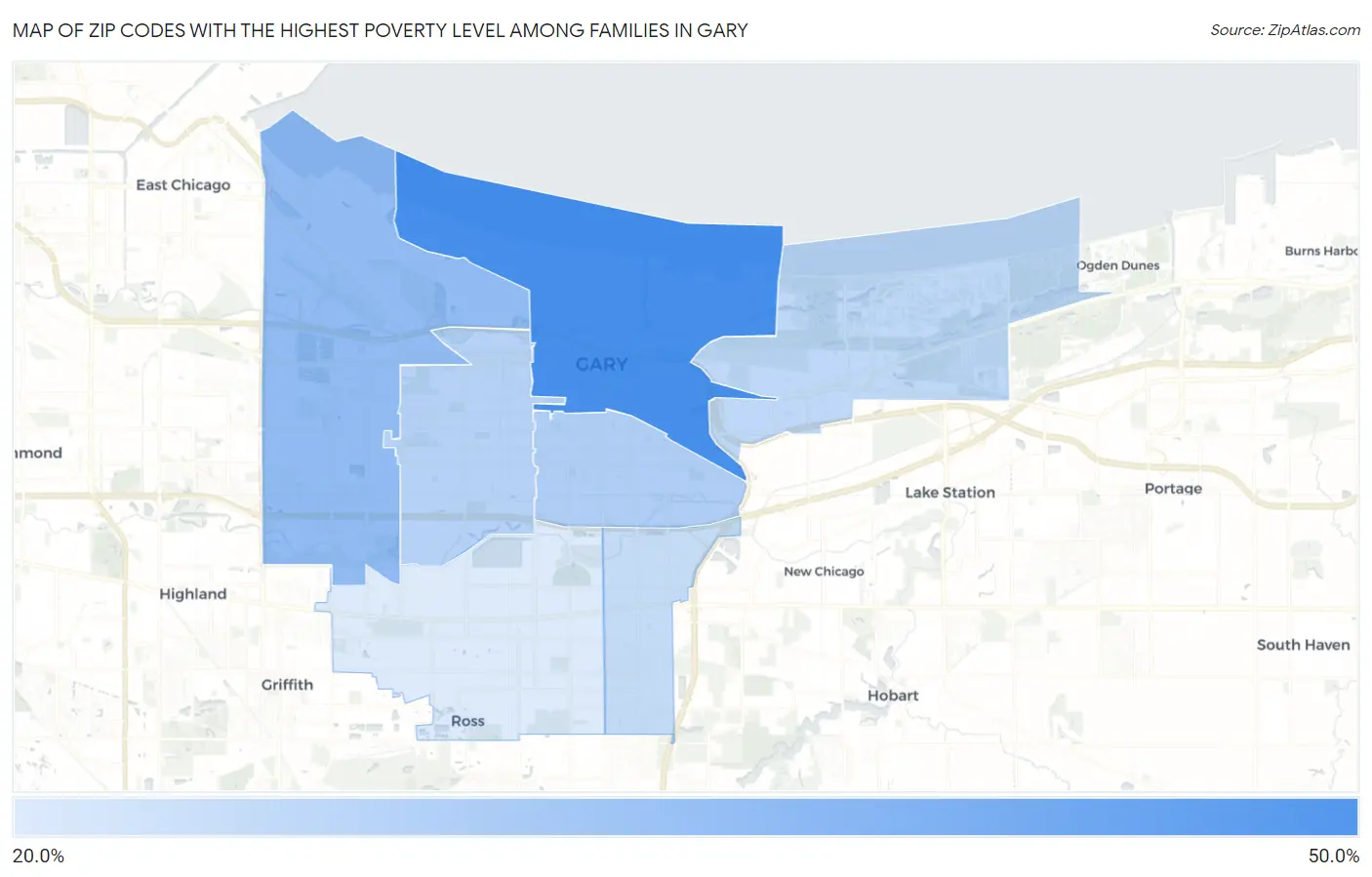 Zip Codes with the Highest Poverty Level Among Families in Gary Map