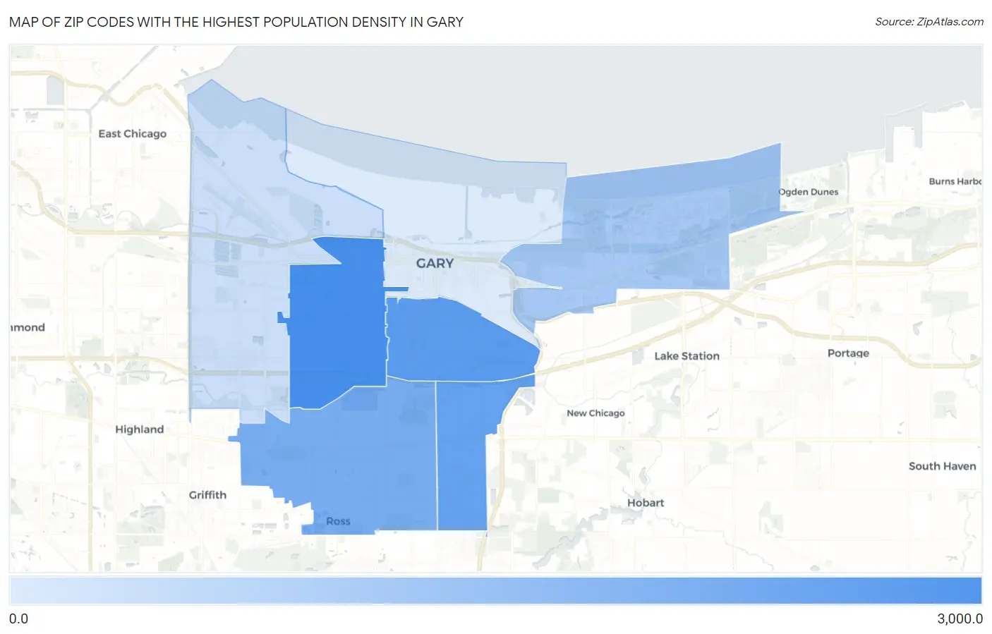 Zip Codes with the Highest Population Density in Gary Map