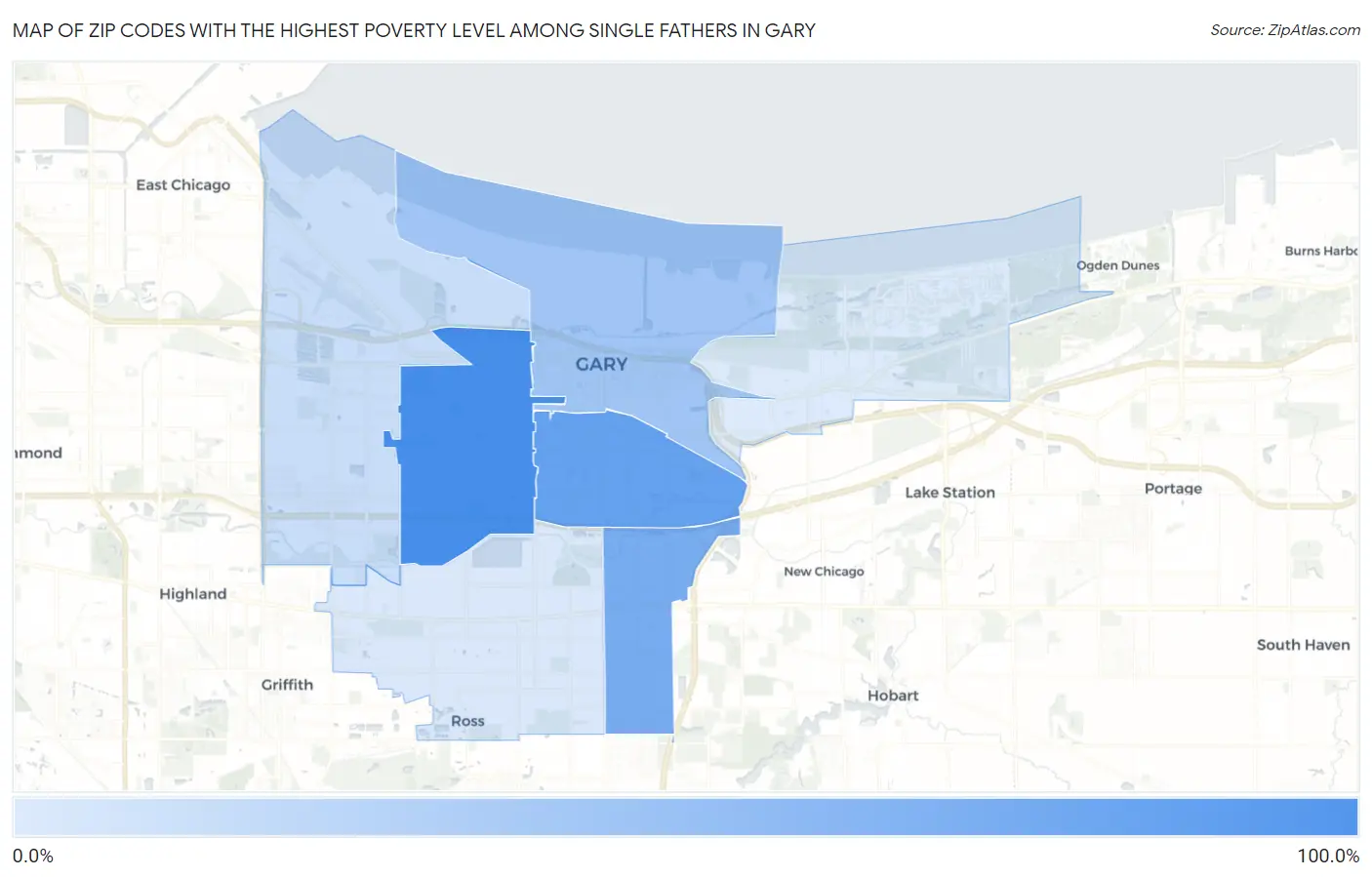 Zip Codes with the Highest Poverty Level Among Single Fathers in Gary Map