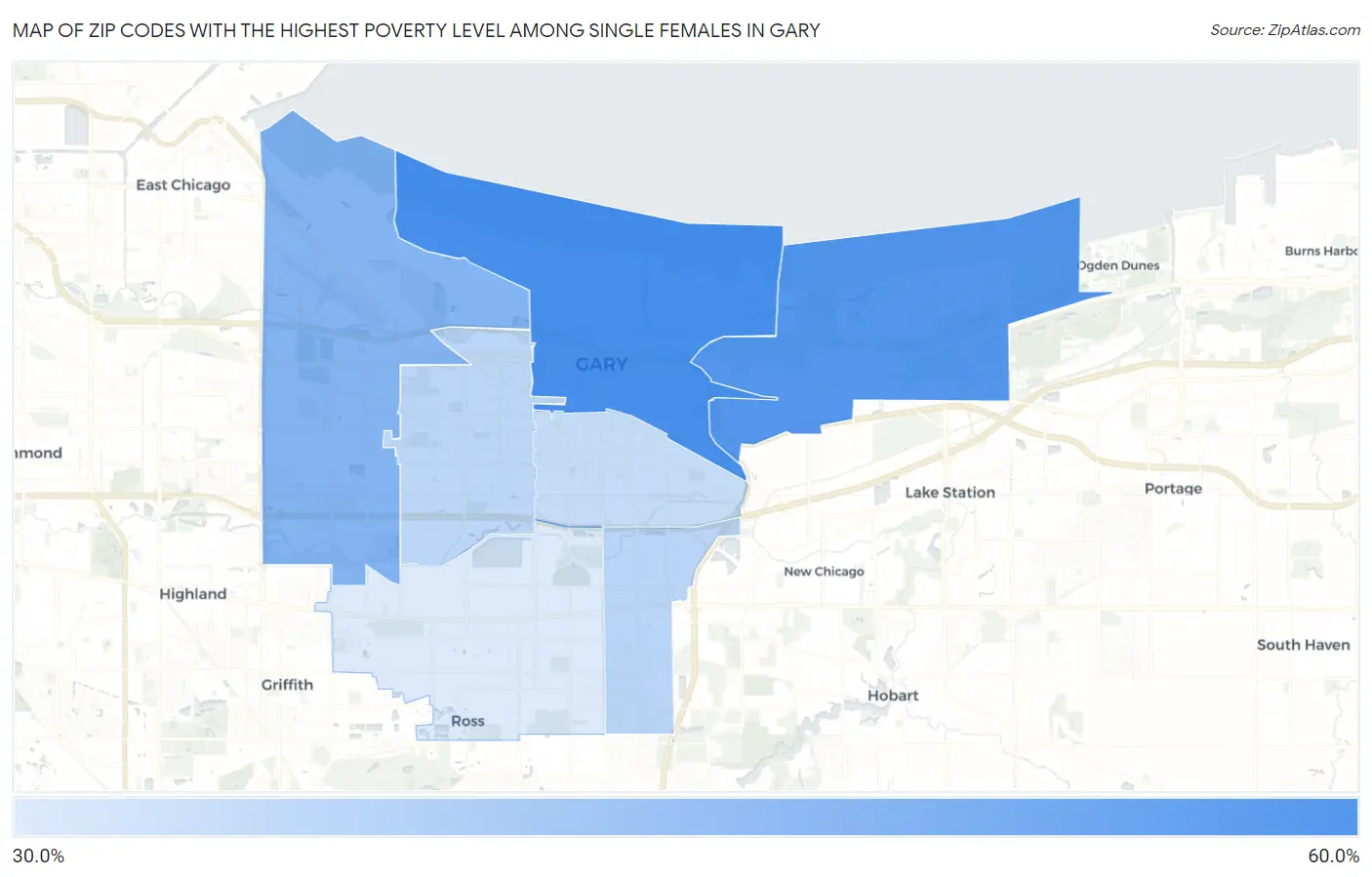 Zip Codes with the Highest Poverty Level Among Single Females in Gary Map
