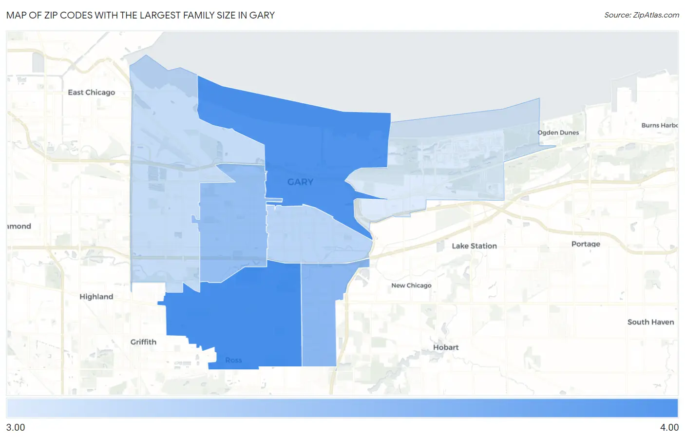 Zip Codes with the Largest Family Size in Gary Map