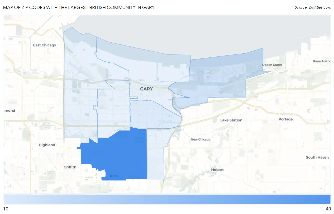 Zip Codes with the Largest British Community in Gary Map