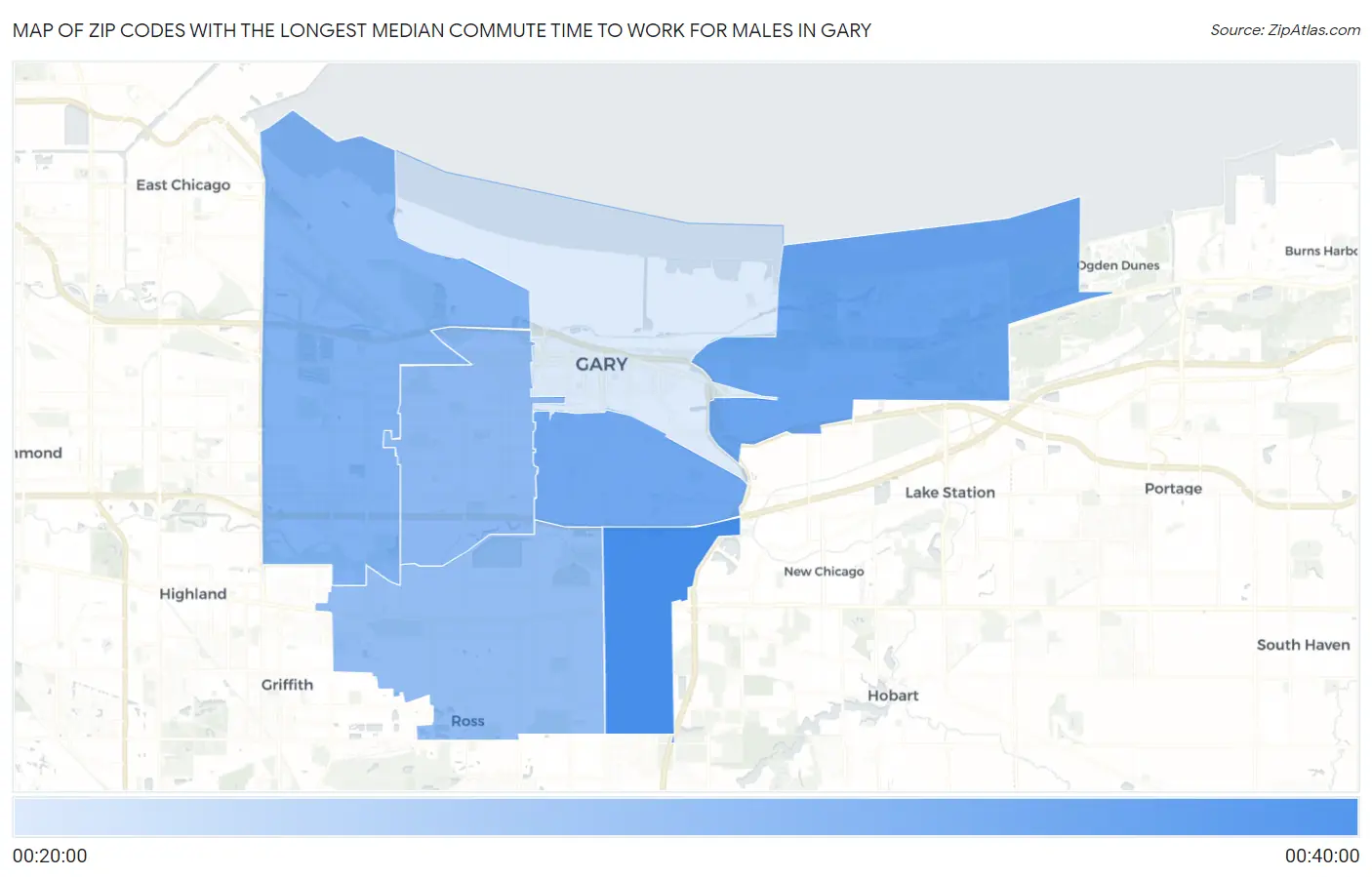 Zip Codes with the Longest Median Commute Time to Work for Males in Gary Map