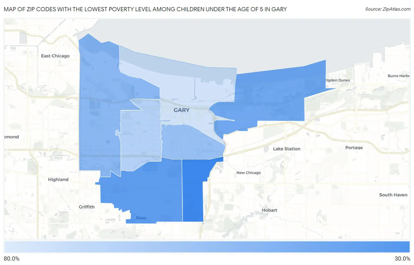Zip Codes with the Lowest Poverty Level Among Children Under the Age of 5 in Gary Map