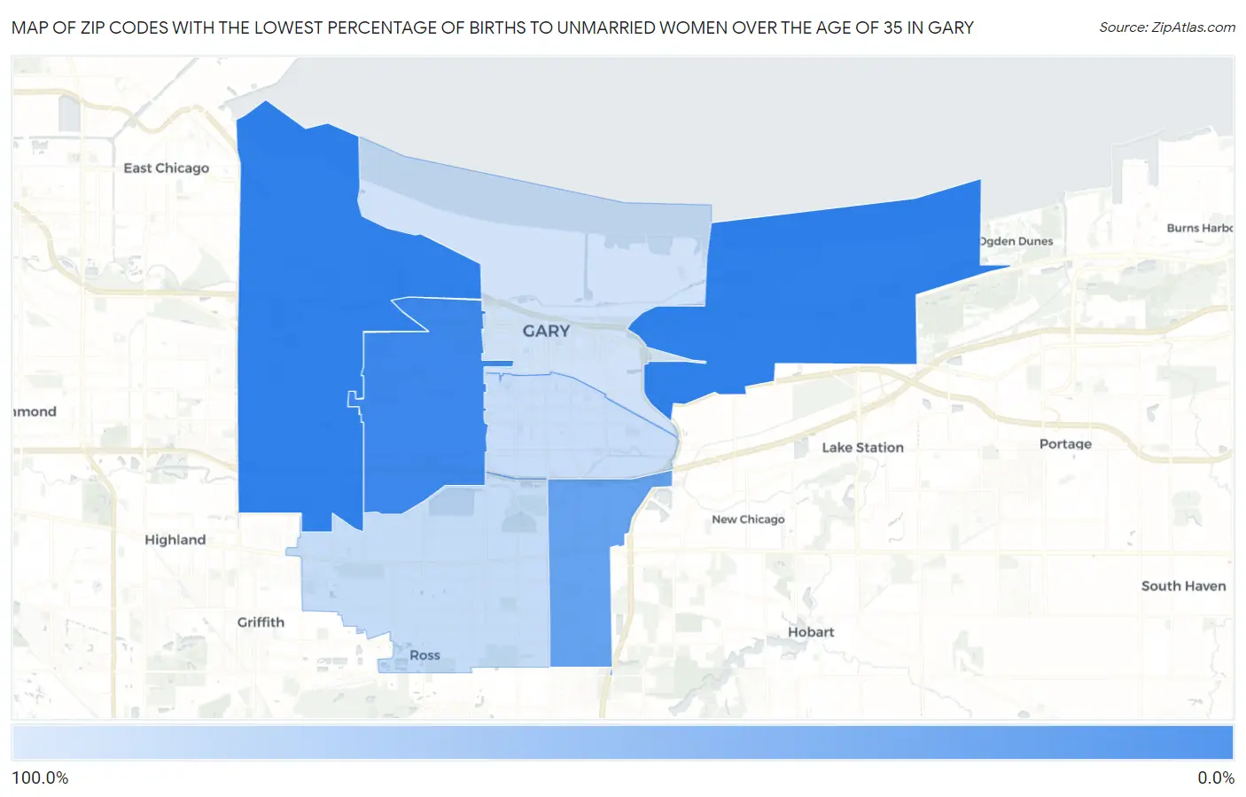 Zip Codes with the Lowest Percentage of Births to Unmarried Women over the Age of 35 in Gary Map