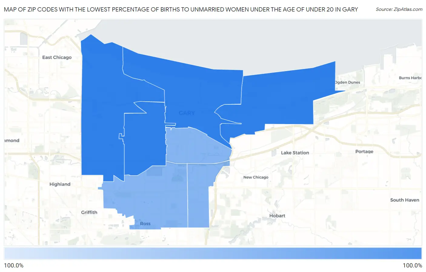 Zip Codes with the Lowest Percentage of Births to Unmarried Women under the Age of under 20 in Gary Map