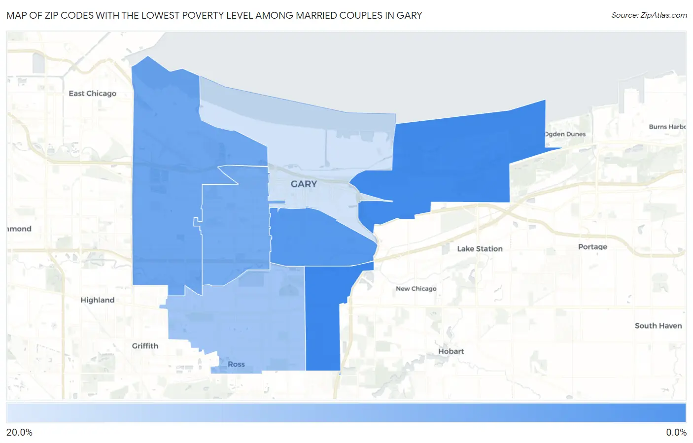 Zip Codes with the Lowest Poverty Level Among Married Couples in Gary Map