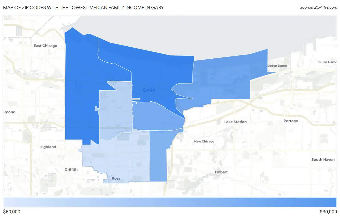 Zip Codes with the Lowest Median Family Income in Gary Map