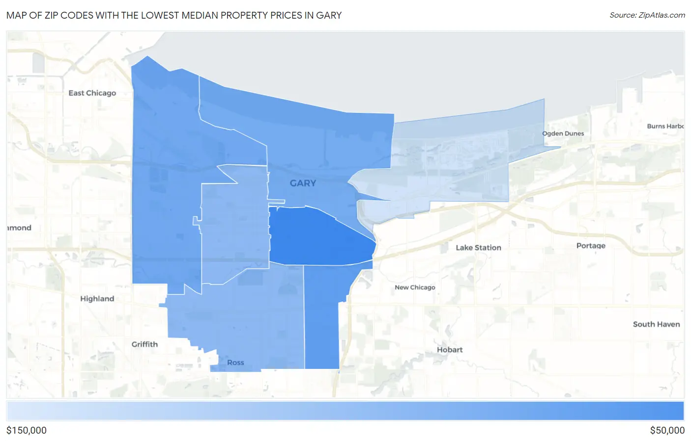 Zip Codes with the Lowest Median Property Prices in Gary Map