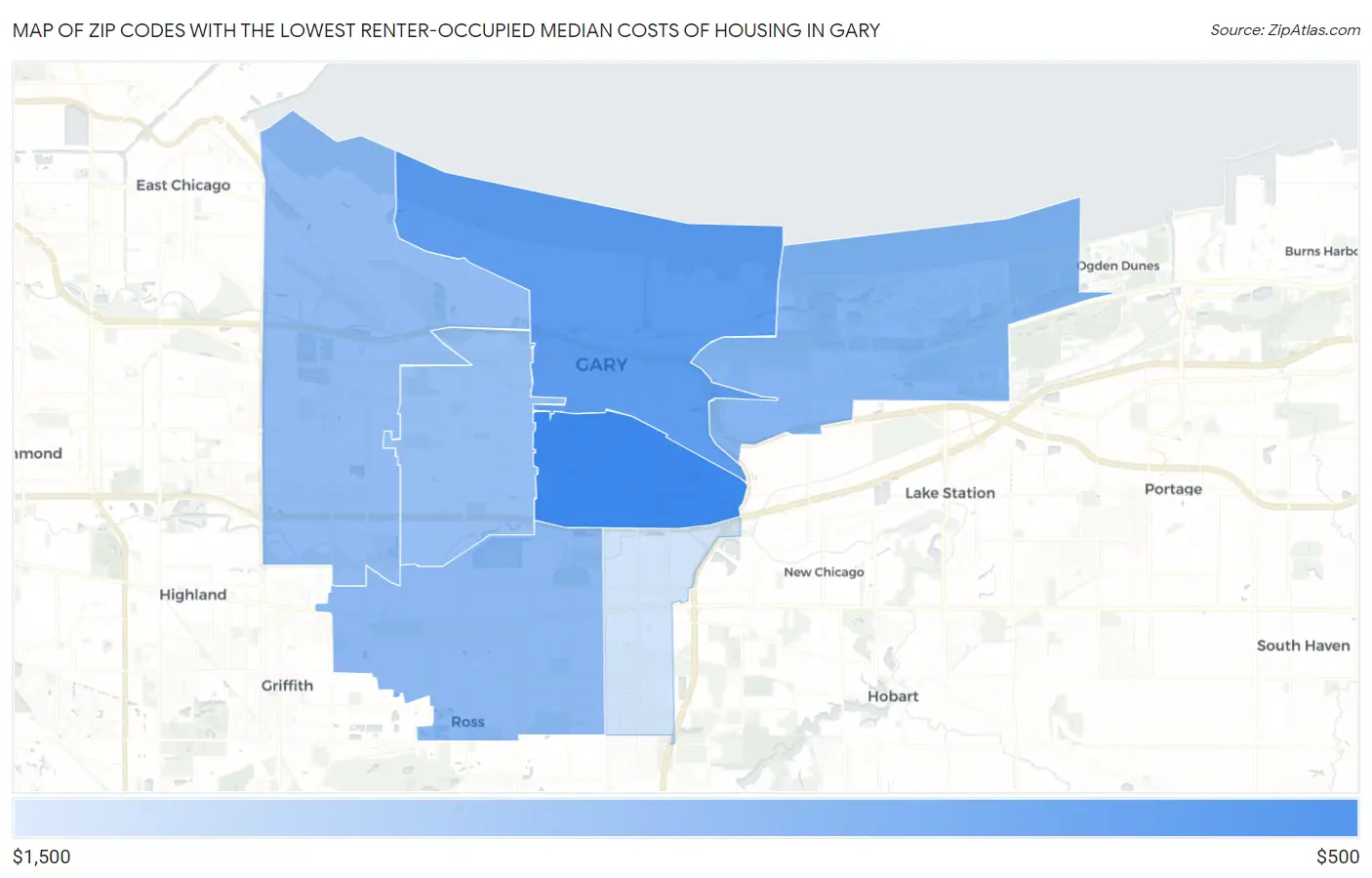 Zip Codes with the Lowest Renter-Occupied Median Costs of Housing in Gary Map