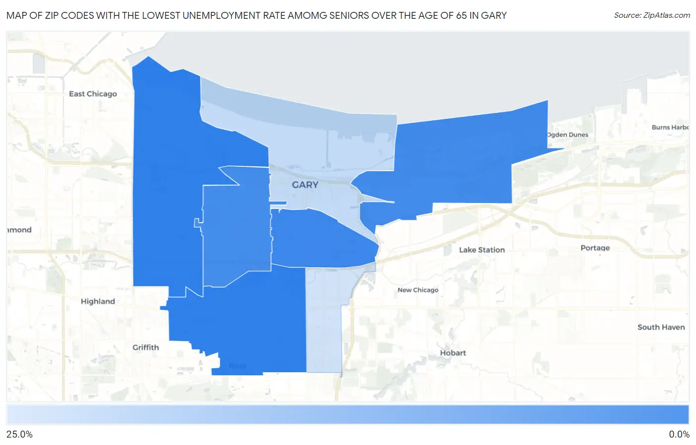 Zip Codes with the Lowest Unemployment Rate Amomg Seniors Over the Age of 65 in Gary Map