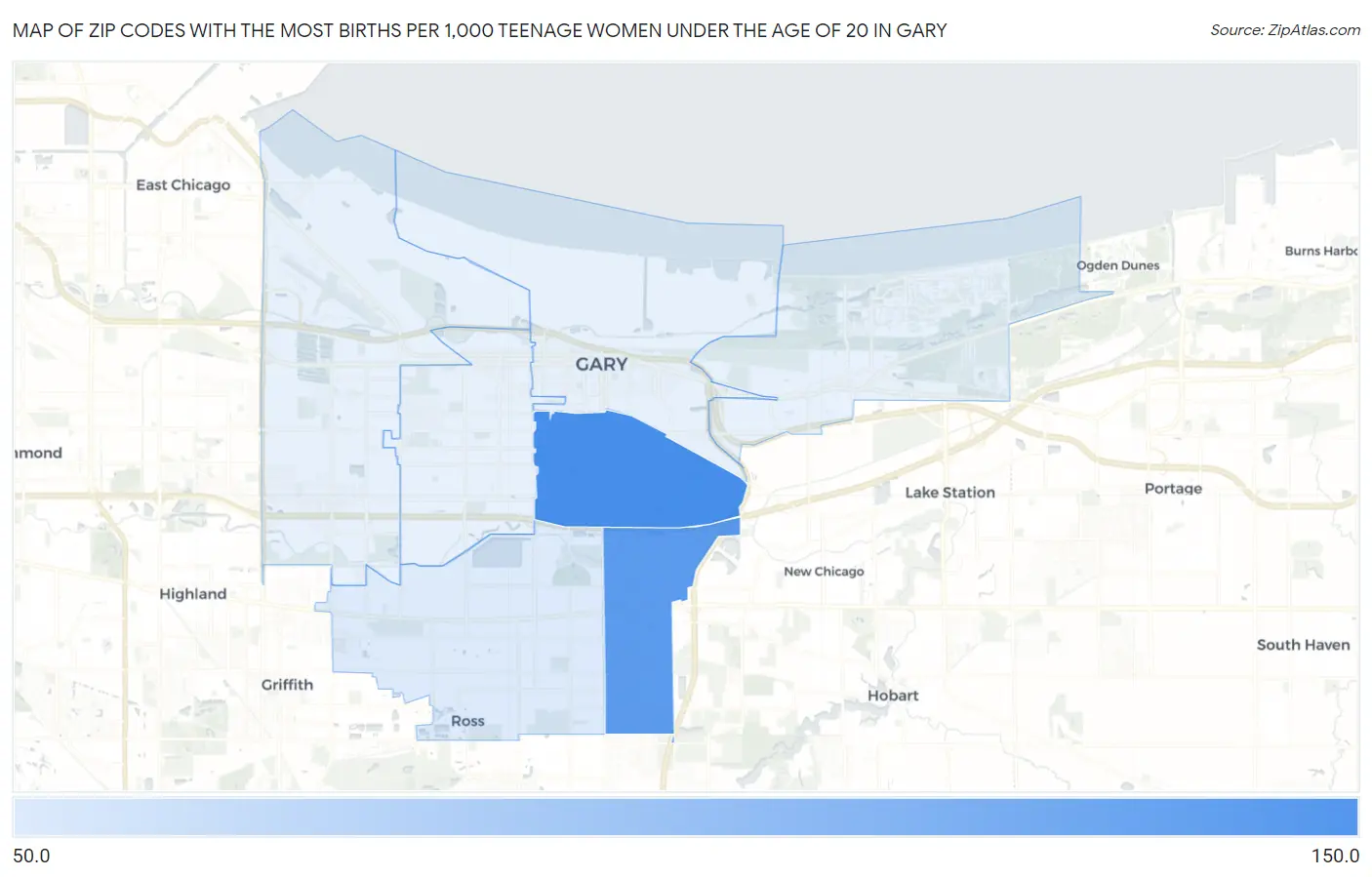 Zip Codes with the Most Births per 1,000 Teenage Women Under the Age of 20 in Gary Map