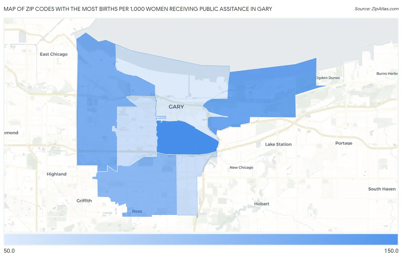 Zip Codes with the Most Births per 1,000 Women Receiving Public Assitance in Gary Map