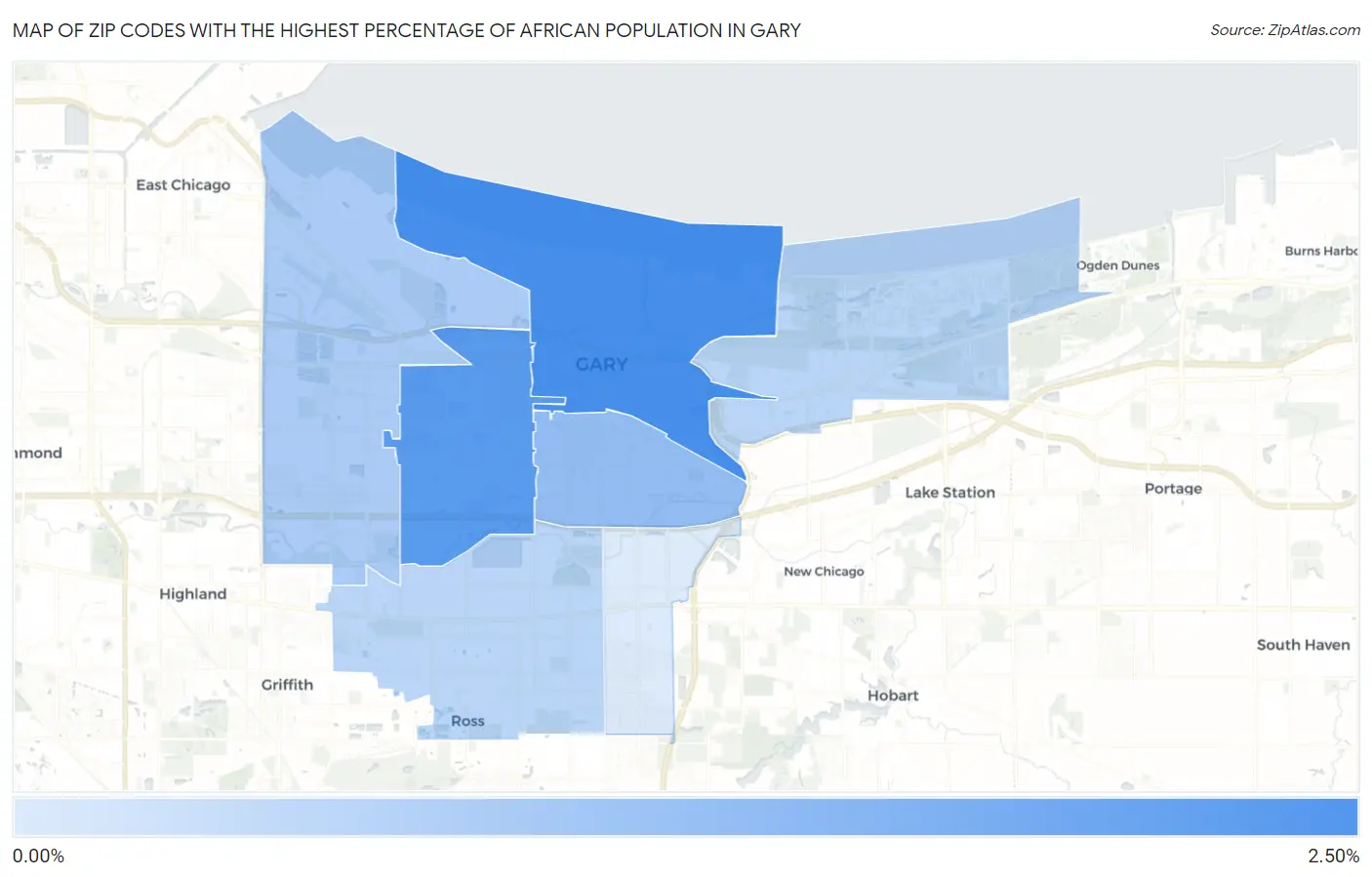 Zip Codes with the Highest Percentage of African Population in Gary Map