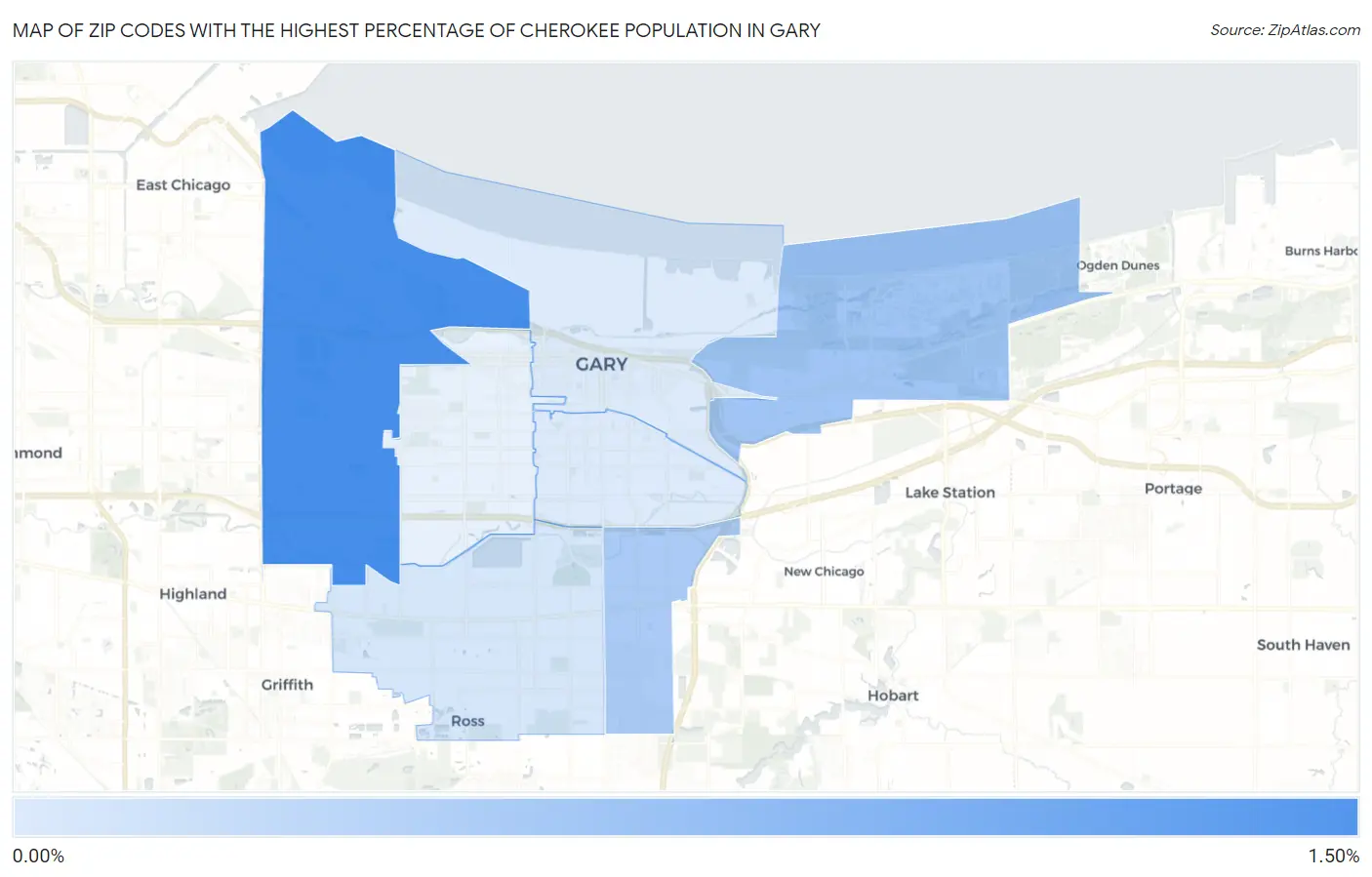 Zip Codes with the Highest Percentage of Cherokee Population in Gary Map