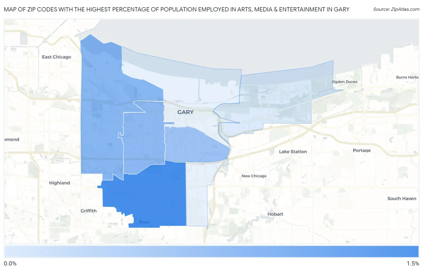 Zip Codes with the Highest Percentage of Population Employed in Arts, Media & Entertainment in Gary Map
