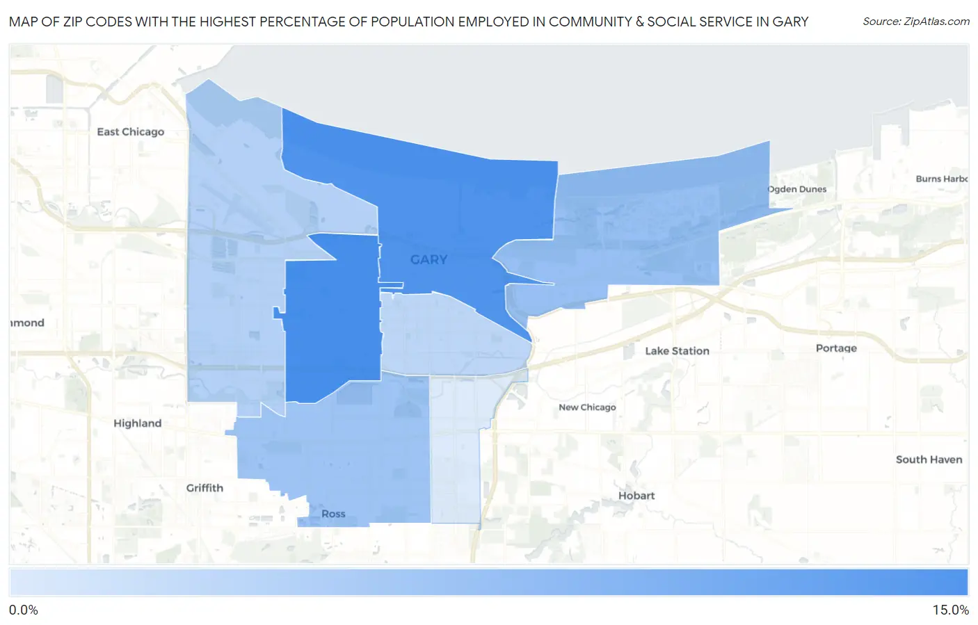 Zip Codes with the Highest Percentage of Population Employed in Community & Social Service  in Gary Map