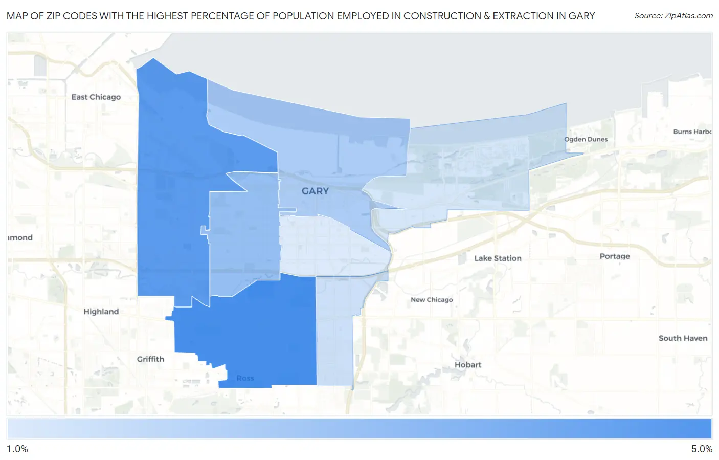 Zip Codes with the Highest Percentage of Population Employed in Construction & Extraction in Gary Map