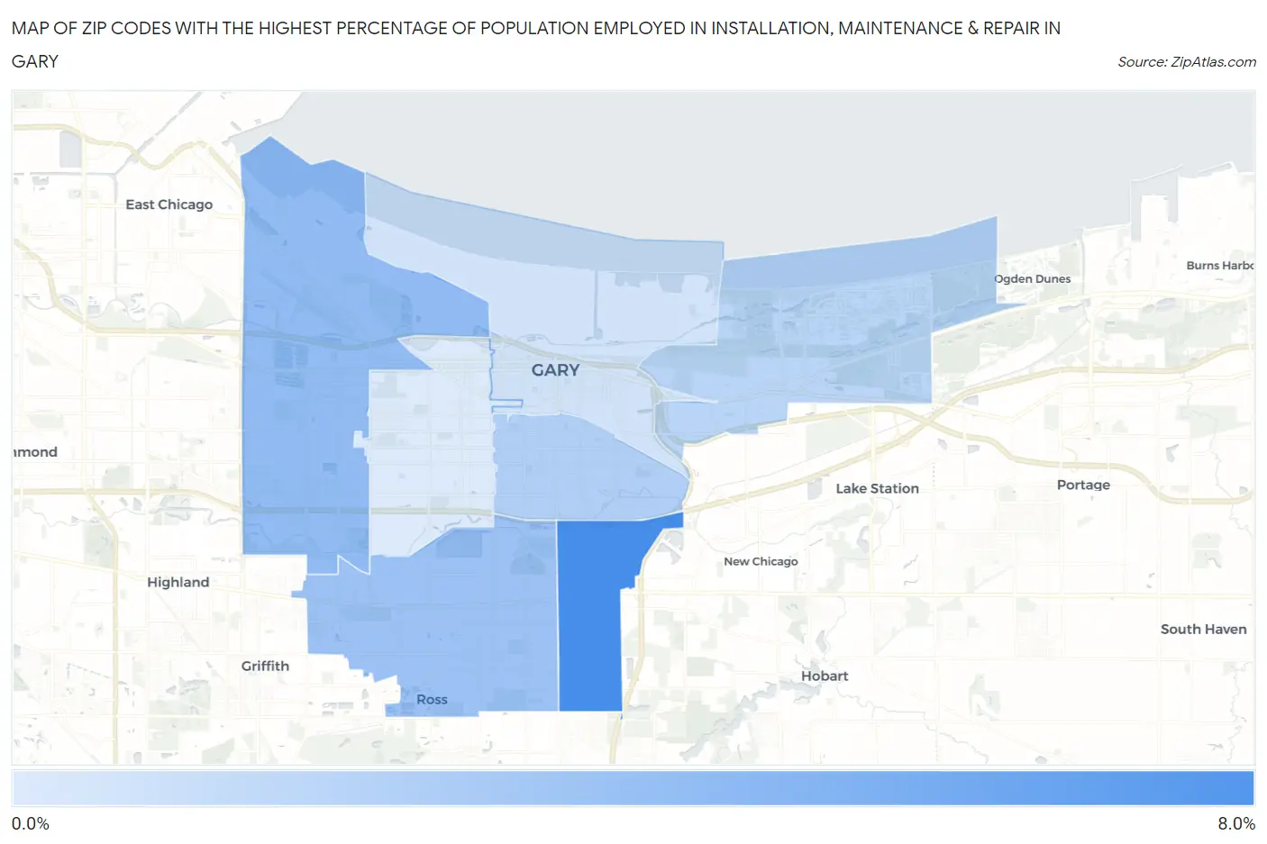 Zip Codes with the Highest Percentage of Population Employed in Installation, Maintenance & Repair in Gary Map