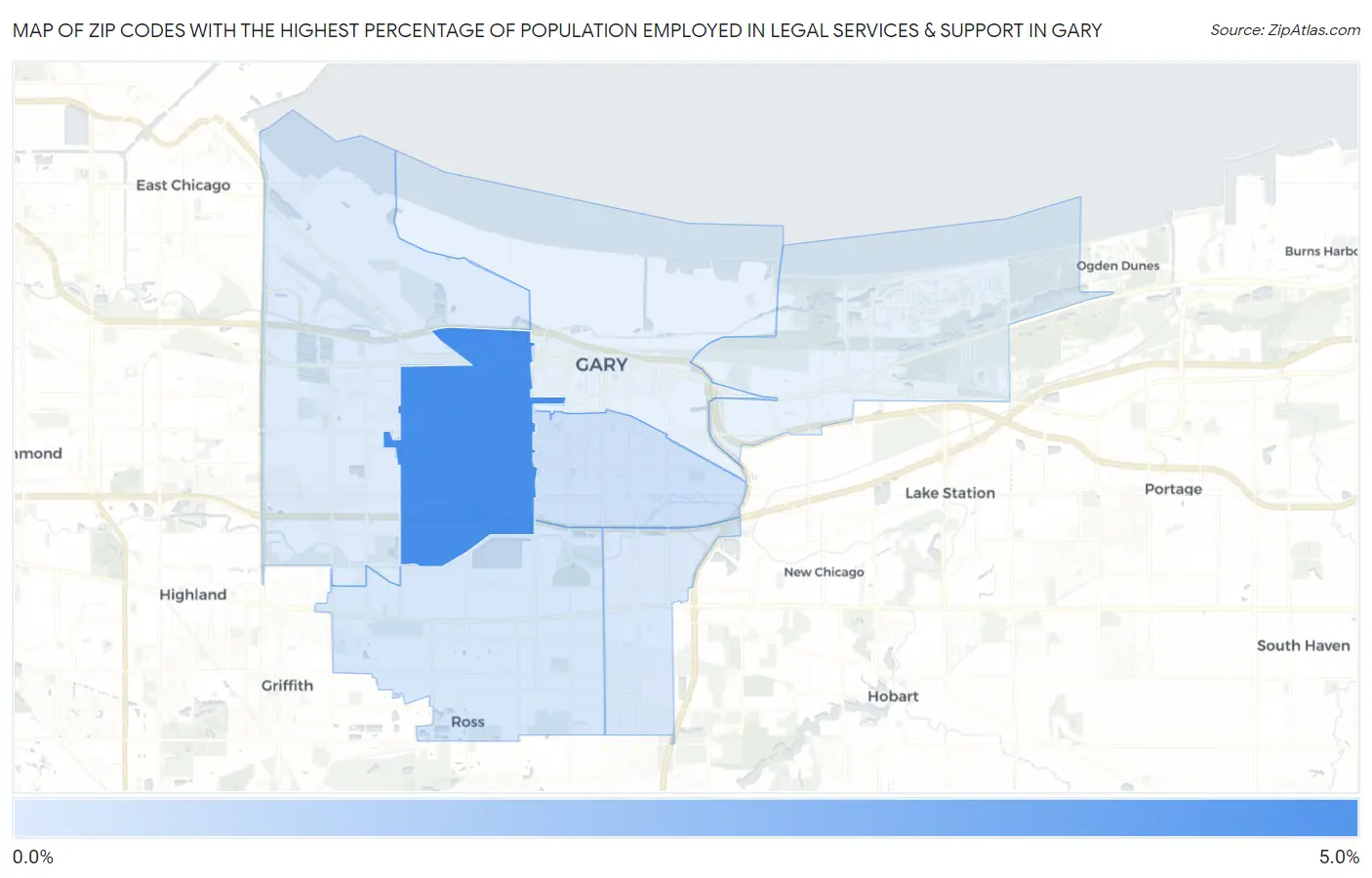 Zip Codes with the Highest Percentage of Population Employed in Legal Services & Support in Gary Map