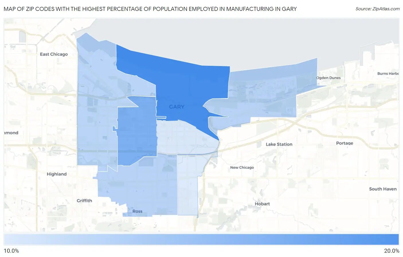 Zip Codes with the Highest Percentage of Population Employed in Manufacturing in Gary Map