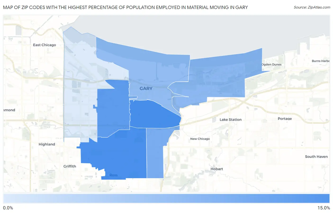 Zip Codes with the Highest Percentage of Population Employed in Material Moving in Gary Map