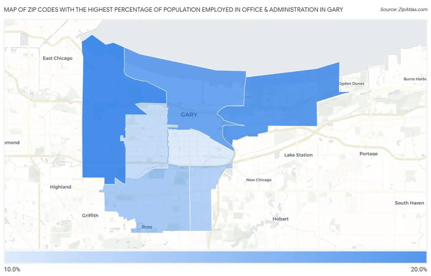 Zip Codes with the Highest Percentage of Population Employed in Office & Administration in Gary Map