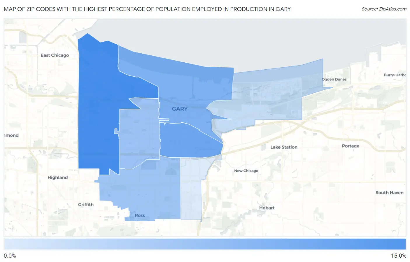 Zip Codes with the Highest Percentage of Population Employed in Production in Gary Map