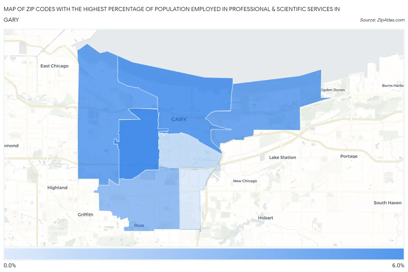 Zip Codes with the Highest Percentage of Population Employed in Professional & Scientific Services in Gary Map