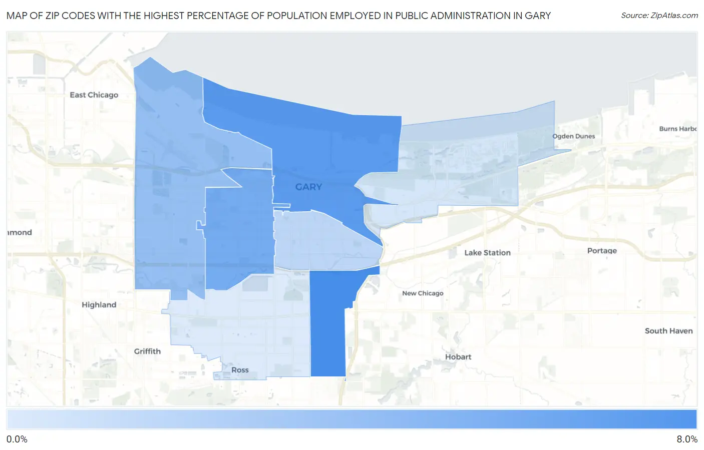 Zip Codes with the Highest Percentage of Population Employed in Public Administration in Gary Map