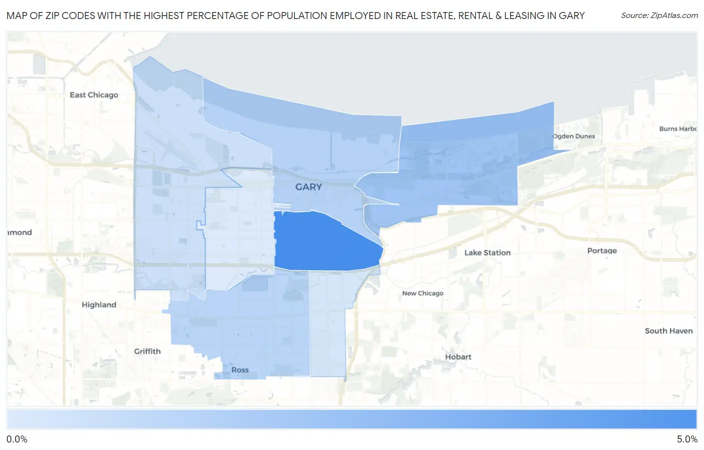 Zip Codes with the Highest Percentage of Population Employed in Real Estate, Rental & Leasing in Gary Map