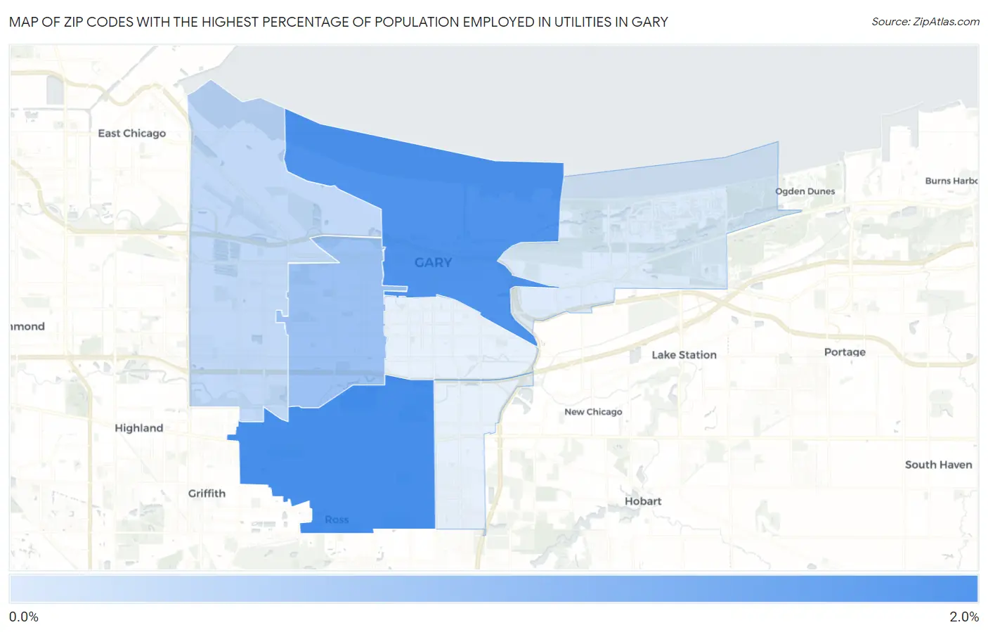 Zip Codes with the Highest Percentage of Population Employed in Utilities in Gary Map