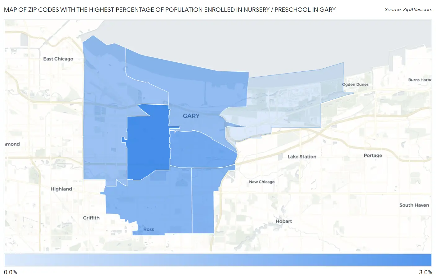 Zip Codes with the Highest Percentage of Population Enrolled in Nursery / Preschool in Gary Map