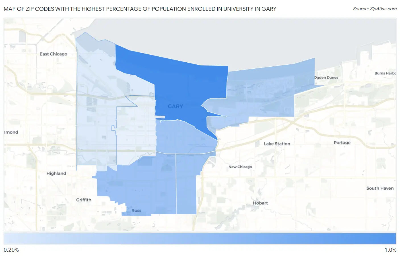 Zip Codes with the Highest Percentage of Population Enrolled in University in Gary Map