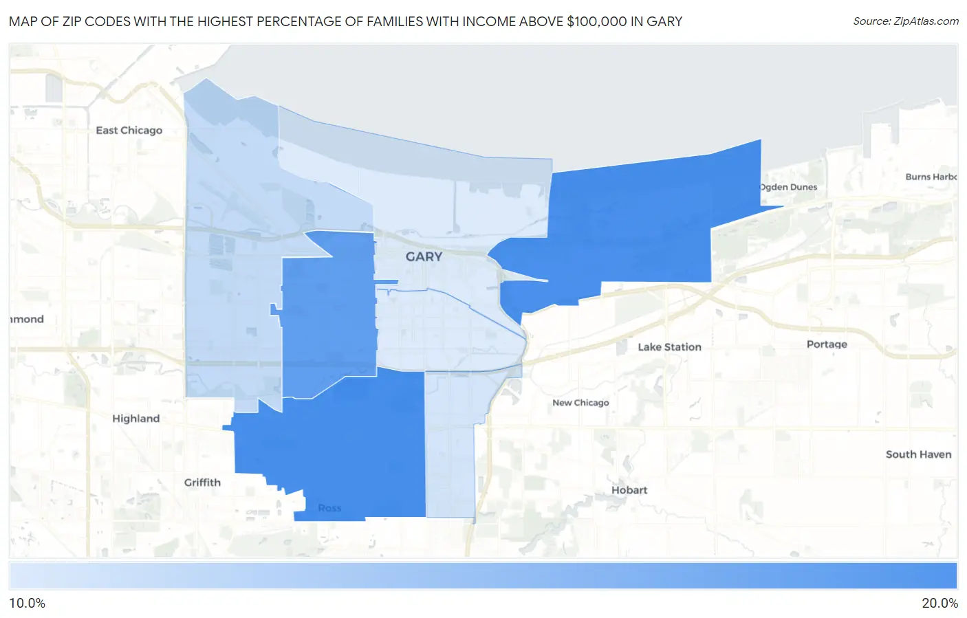 Zip Codes with the Highest Percentage of Families with Income Above $100,000 in Gary Map
