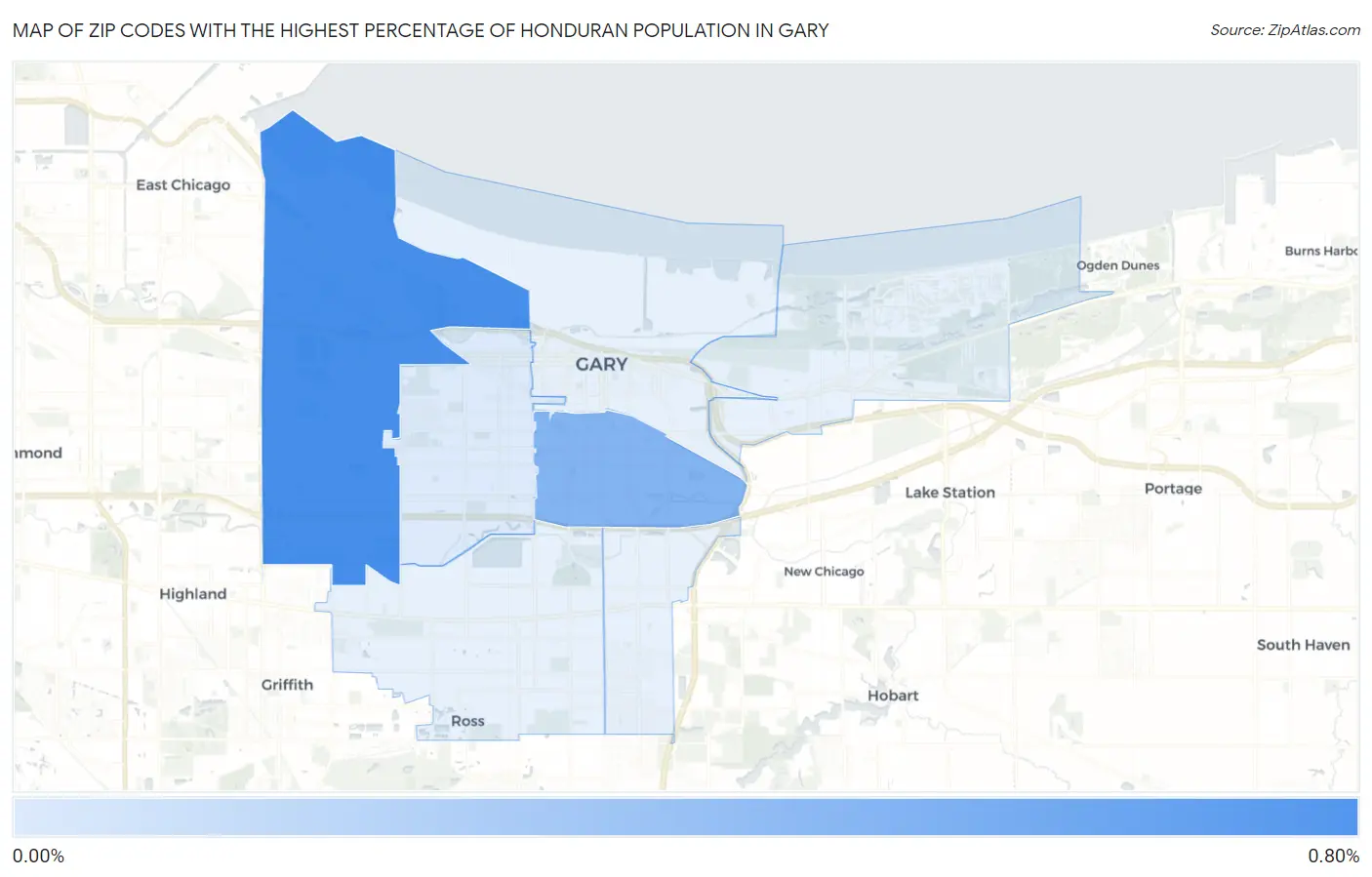 Zip Codes with the Highest Percentage of Honduran Population in Gary Map