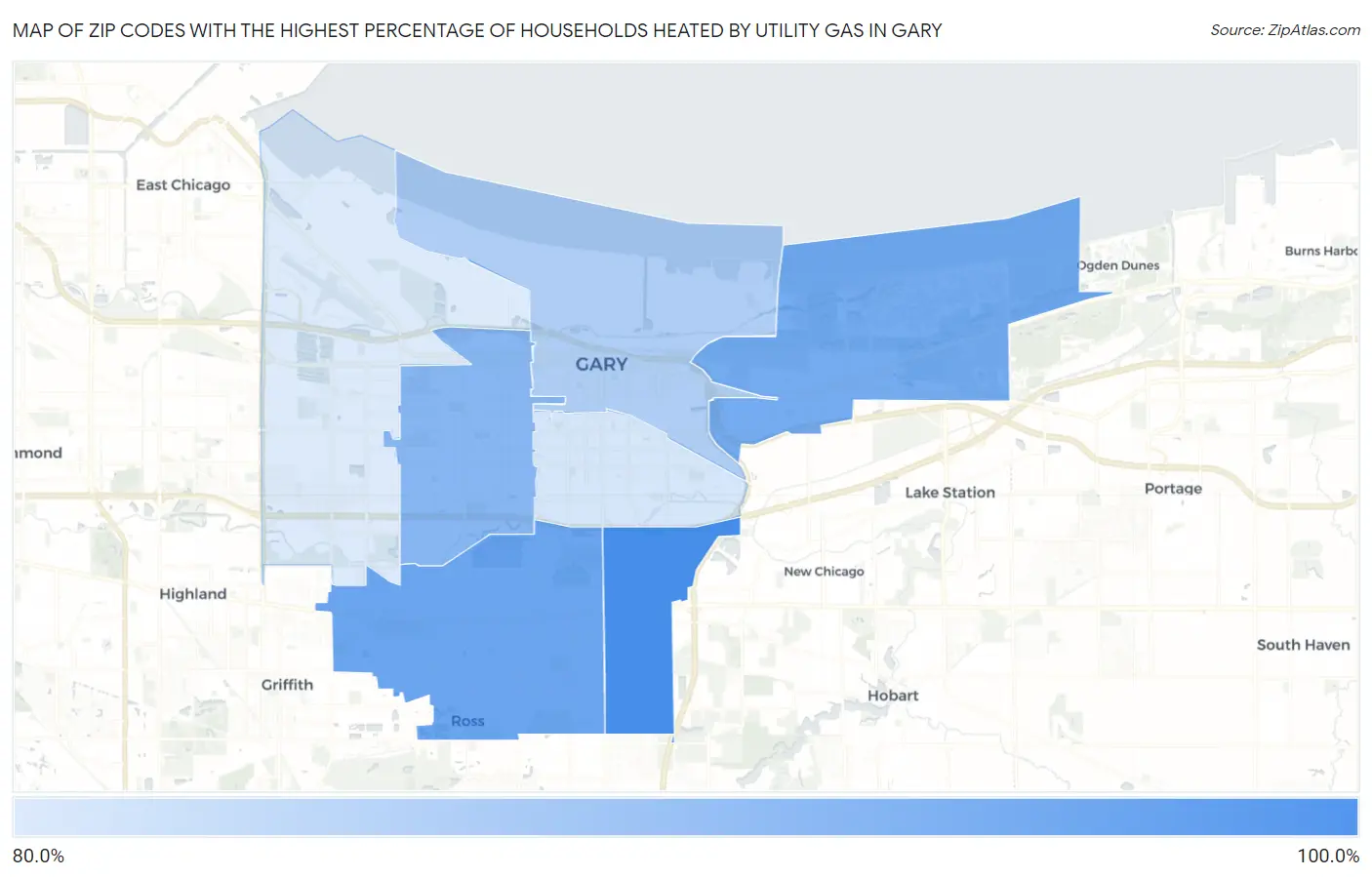 Zip Codes with the Highest Percentage of Households Heated by Utility Gas in Gary Map