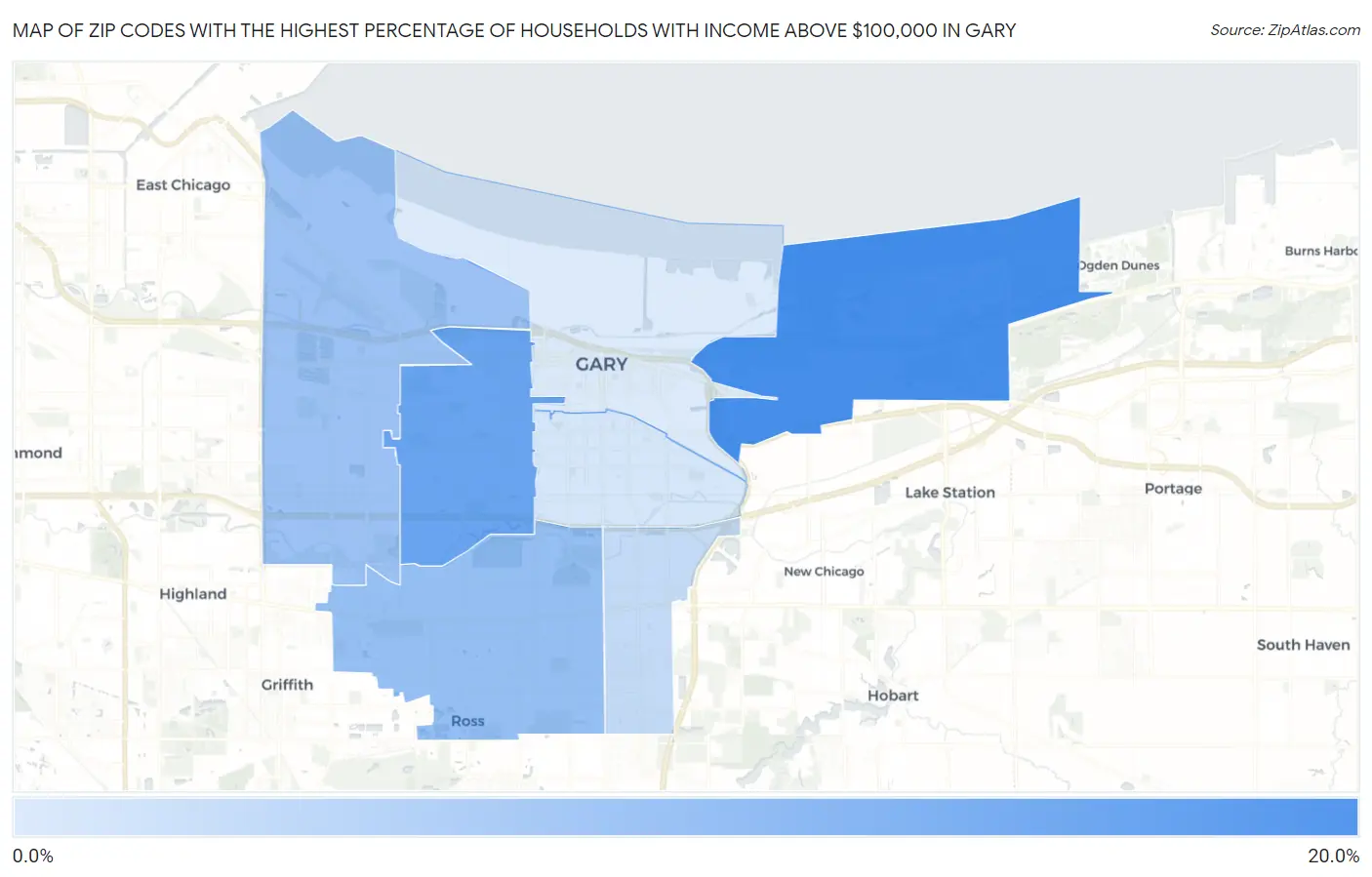 Zip Codes with the Highest Percentage of Households with Income Above $100,000 in Gary Map