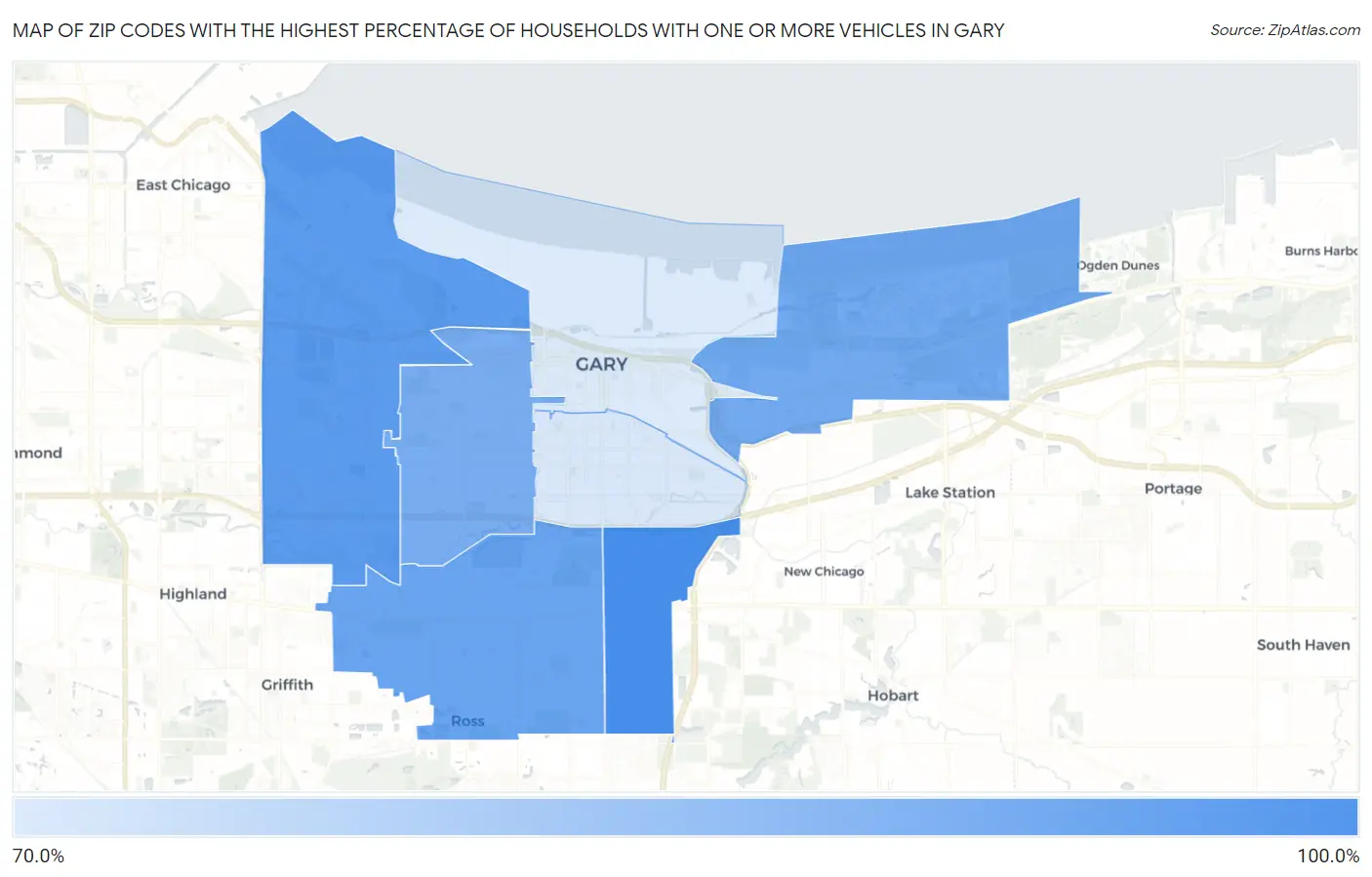Zip Codes with the Highest Percentage of Households With One or more Vehicles in Gary Map