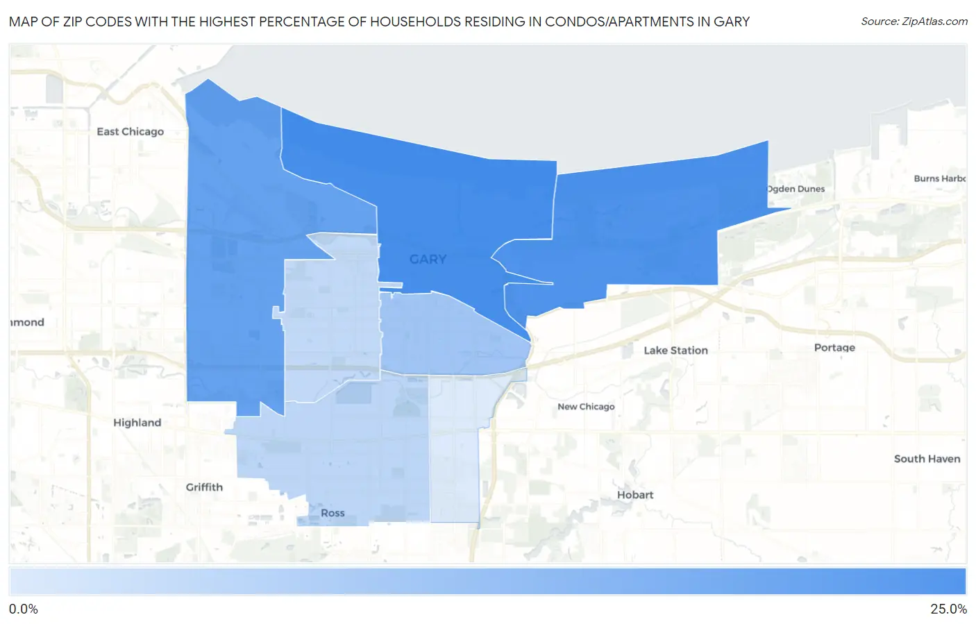 Zip Codes with the Highest Percentage of Households Residing in Condos/Apartments in Gary Map