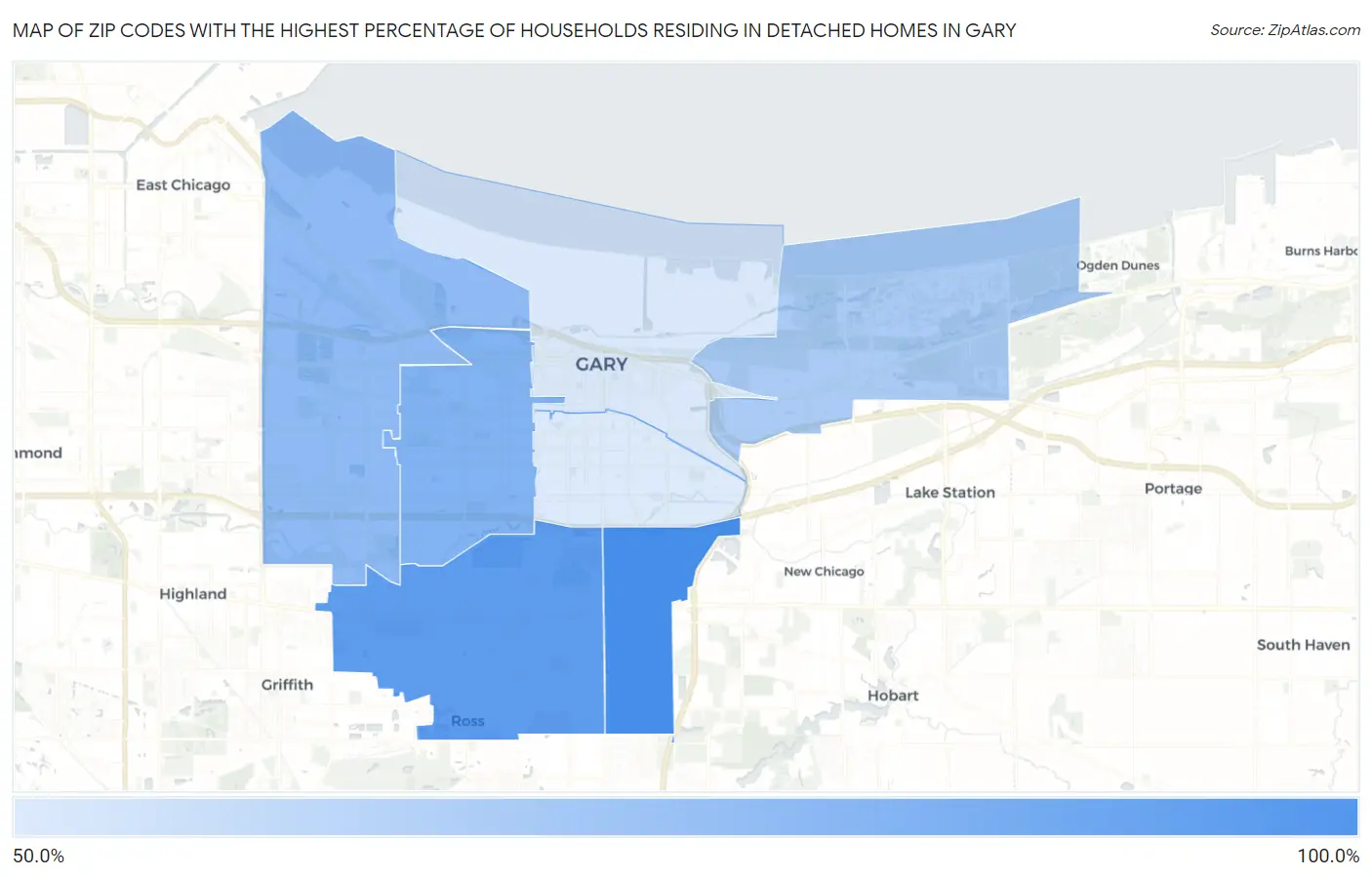 Zip Codes with the Highest Percentage of Households Residing in Detached Homes in Gary Map