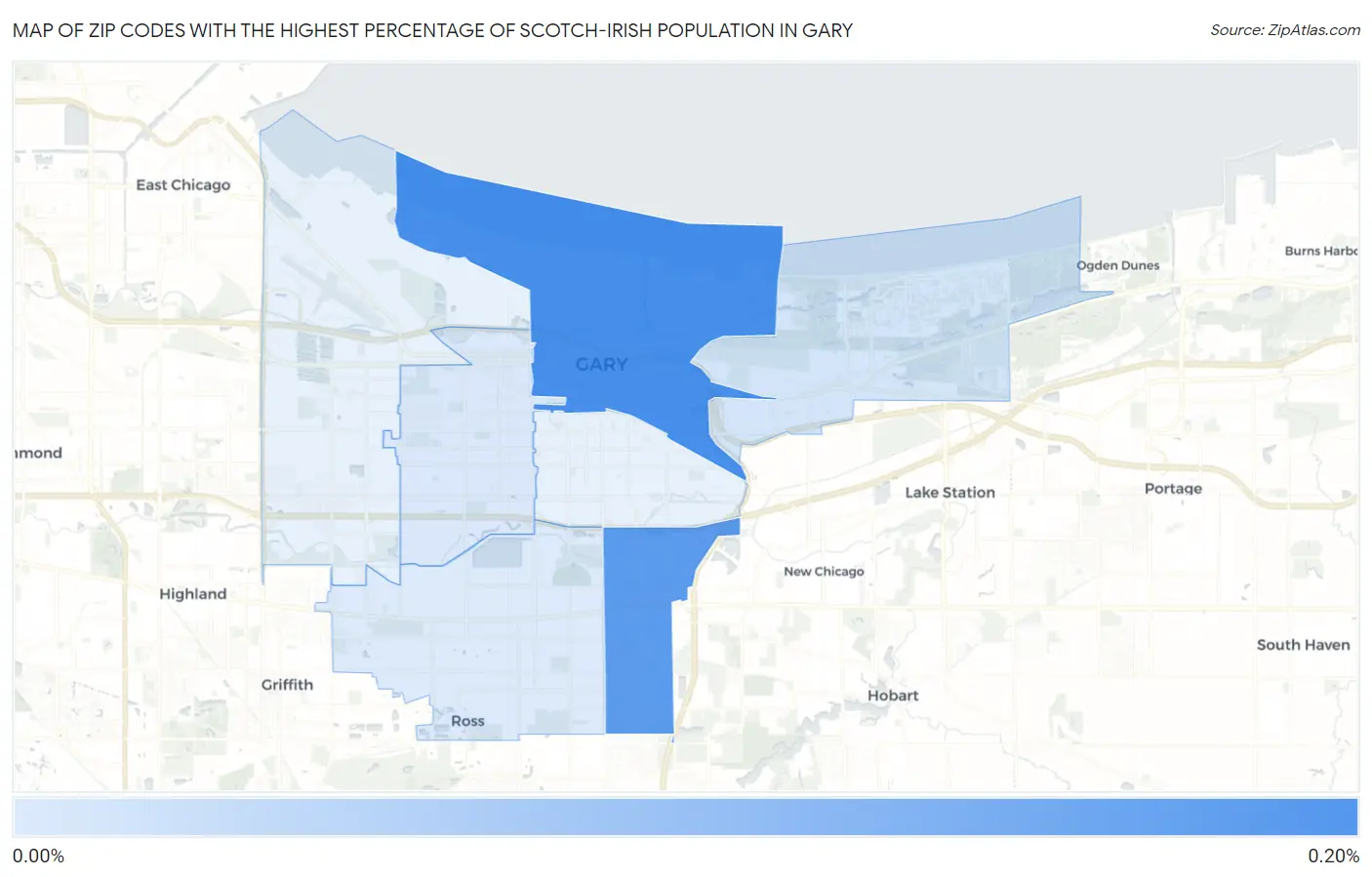 Zip Codes with the Highest Percentage of Scotch-Irish Population in Gary Map