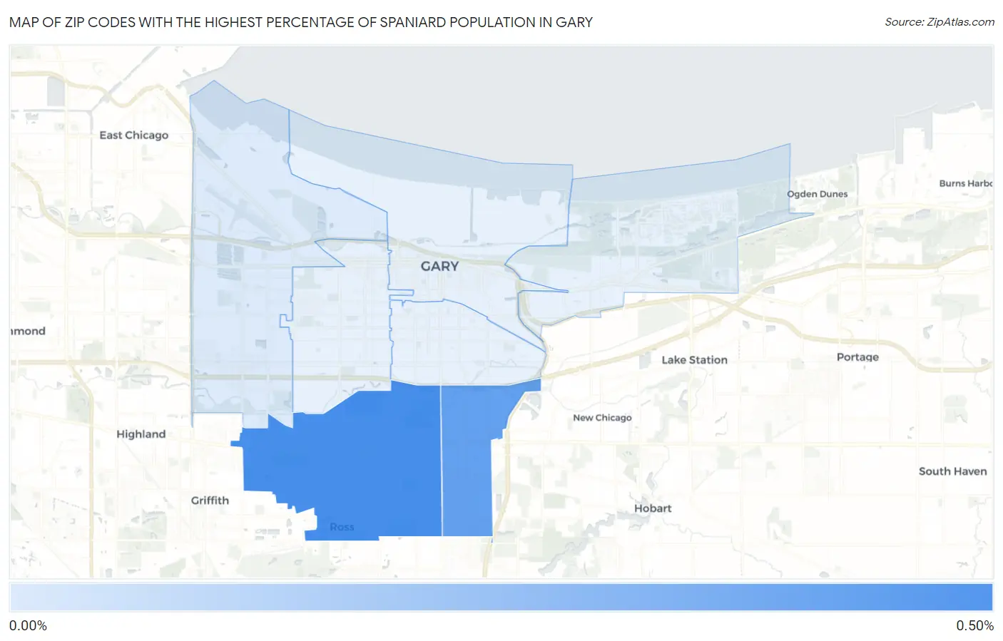 Zip Codes with the Highest Percentage of Spaniard Population in Gary Map
